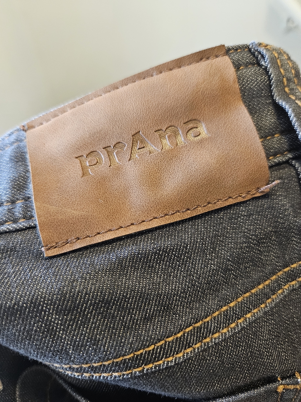Prana Men’s Dark Blue Slim Straight Jeans with Brown Leather Patch